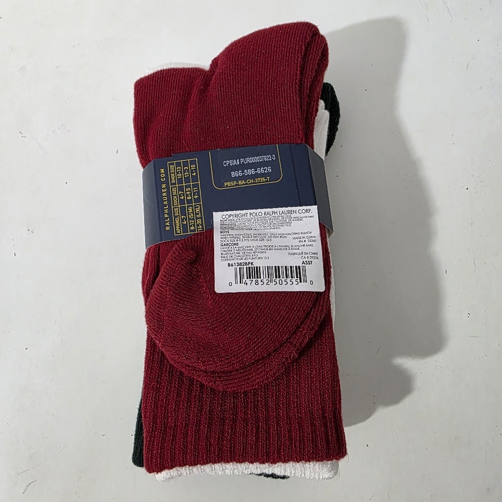 Polo Ralph Lauren Boys Polo Bear Crew Socks 3 Pack Size 8-9.5 Shoe 13-3 - Picture 3 of 7